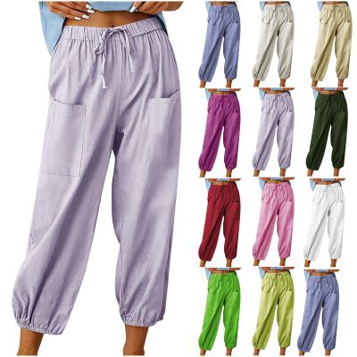 High Waist Cotton Linen Pants for Women Casual Summer Drawstring Lounge Pants Loose Cropped Trousers with Pockets Beach Cover up Pants Purple M
