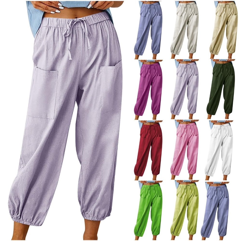 High Waist Cotton Linen Pants for Women Casual Summer Drawstring Lounge Pants Loose Cropped Trousers with Pockets Beach Cover up Pants Purple M