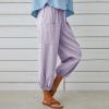 High Waist Cotton Linen Pants for Women Casual Summer Drawstring Lounge Pants Loose Cropped Trousers with Pockets Beach Cover up Pants Purple M view 3