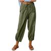 High Waist Cotton Linen Pants for Women Casual Summer Drawstring Lounge Pants Loose Cropped Trousers with Pockets Womens Drawstring Pants Army Green 3X view 1
