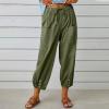 High Waist Cotton Linen Pants for Women Casual Summer Drawstring Lounge Pants Loose Cropped Trousers with Pockets Womens Drawstring Pants Army Green 3X view 2