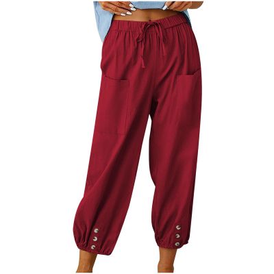 High Waist Cotton Linen Pants for Women Casual Summer Drawstring Lounge Pants Loose Cropped Trousers with Pockets Womens Slacks Wine 2X