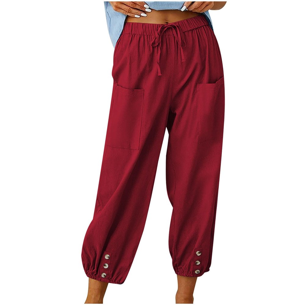 High Waist Cotton Linen Pants for Women Casual Summer Drawstring Lounge Pants Loose Cropped Trousers with Pockets Womens Slacks Wine 2X