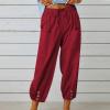 High Waist Cotton Linen Pants for Women Casual Summer Drawstring Lounge Pants Loose Cropped Trousers with Pockets Womens Slacks Wine 2X view 2