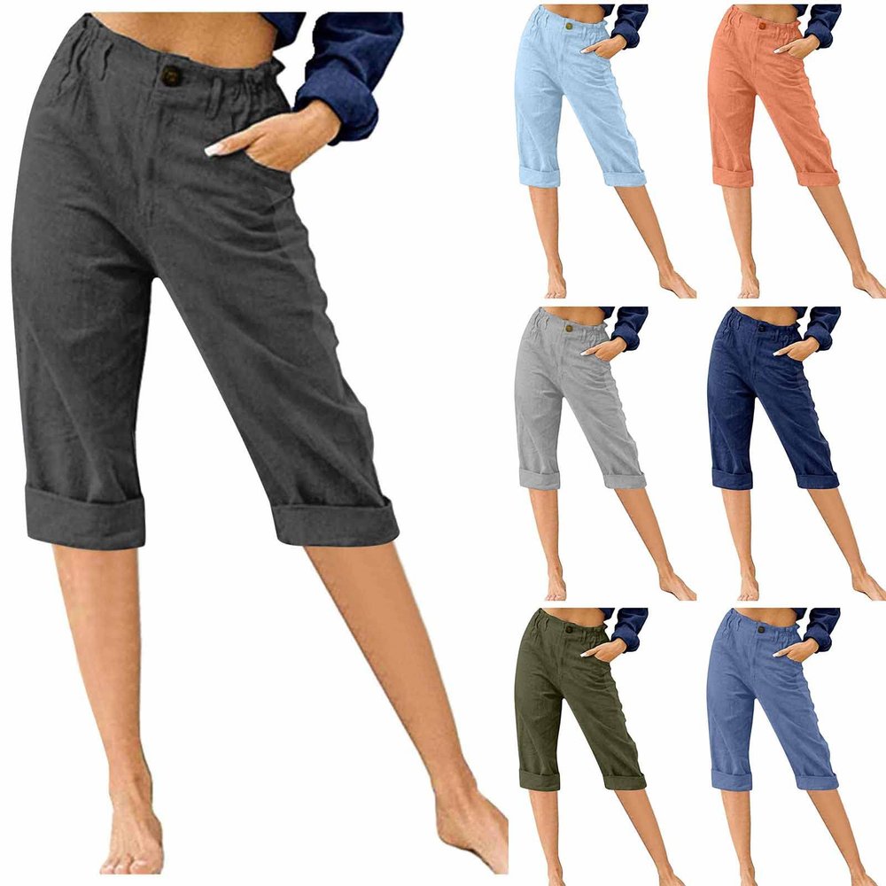 Cotton Linen Capri Pants for Women Casual 2024 Summer Straight Leg Pant Loose Cropped Trousers with Pockets Womens Straight Leg Pants Army Green S