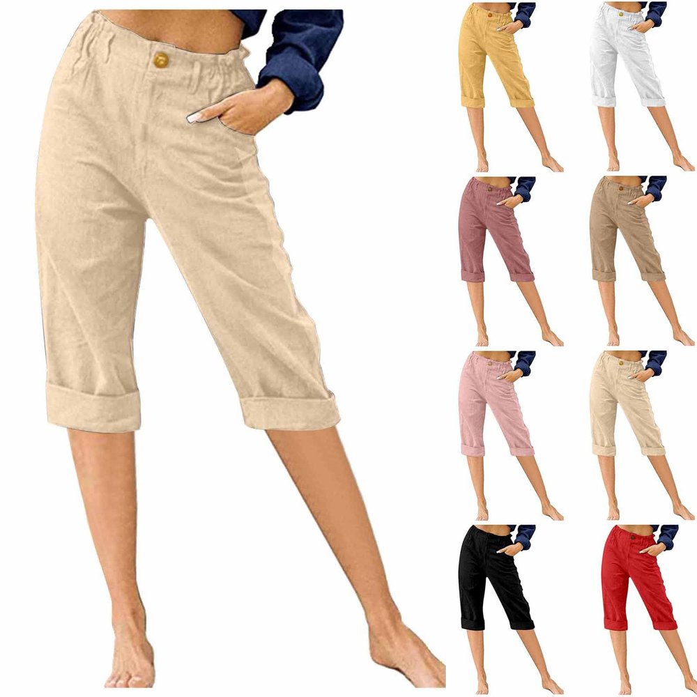 Cotton Linen Capri Pants for Women Casual 2024 Summer Straight Leg Pant Loose Cropped Trousers with Pockets Womens high Waisted Dress Pants Beige S