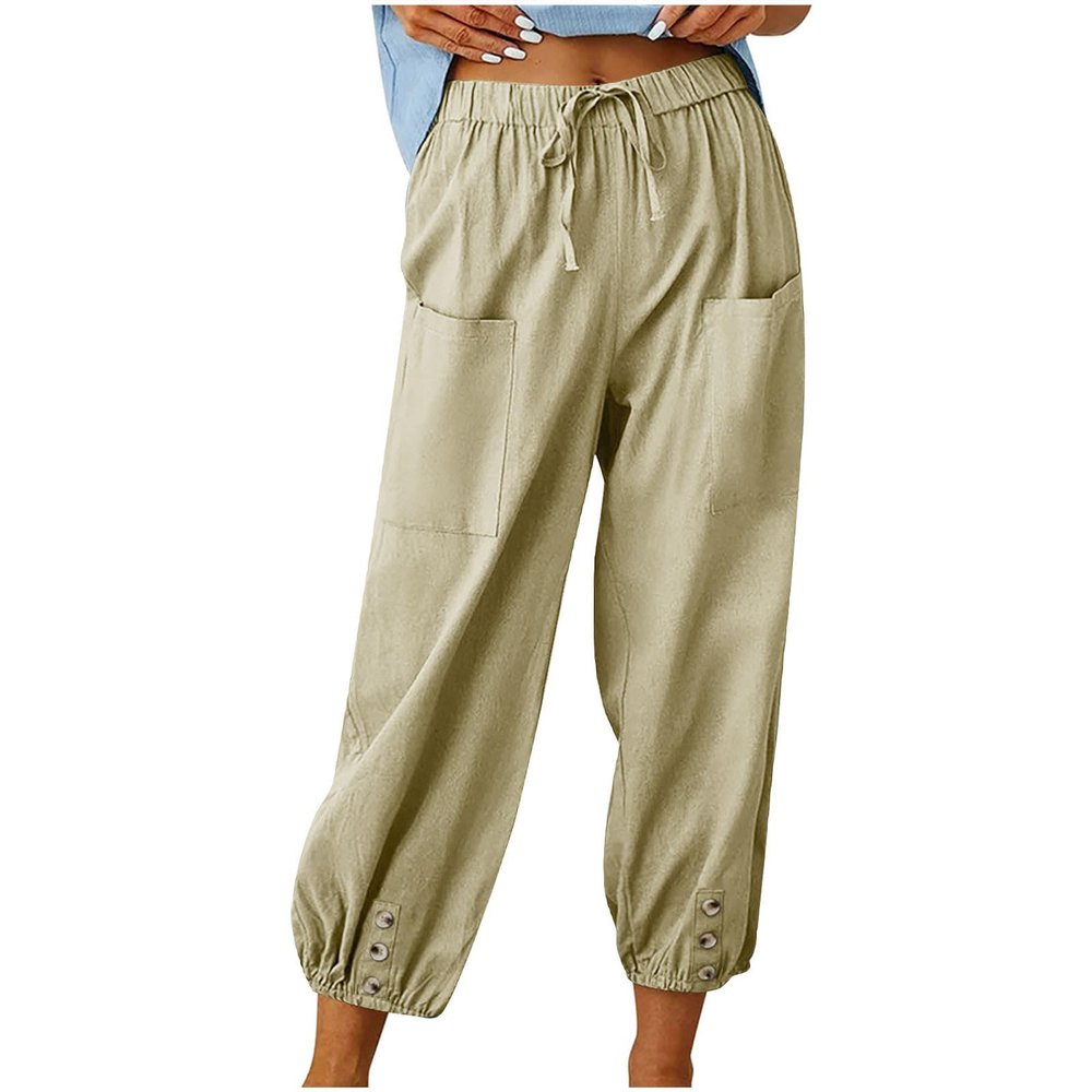 High Waist Cotton Linen Pants for Women Casual Summer Drawstring Lounge Pants Loose Cropped Trousers with Pockets high Waisted Pants Women Beige 3X