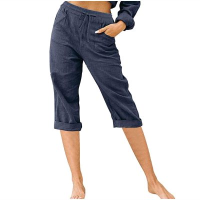 Cotton Linen Capri Pants for Women Casual 2026 Summer Straight Leg Pant Loose Cropped Trousers with Pockets Crop Pants for Women Casual Navy 2X