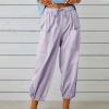High Waist Cotton Linen Pants for Women Casual Summer Drawstring Lounge Pants Loose Cropped Trousers with Pockets Bohemian Pants Women Purple XL view 2