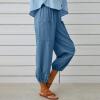 High Waist Cotton Linen Pants for Women Casual Summer Drawstring Lounge Pants Loose Cropped Trousers with Pockets Comfy Work Pants Women Blue XL view 3