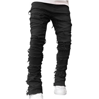 Mens Stacked Slim Fit Ripped Pants Skinny Stretch Distressed Straight Destroyed Fashion Streetwear Hip Hop Trousers Black