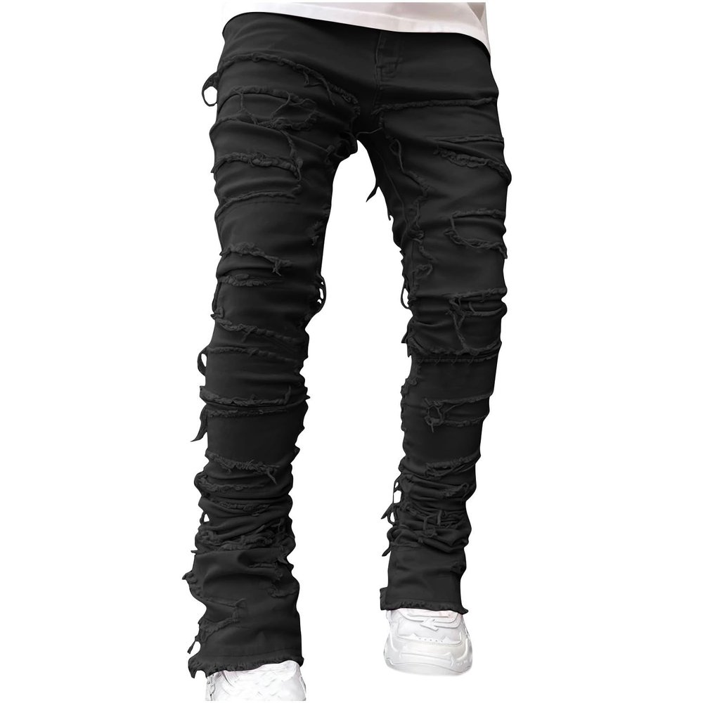 Mens Stacked Slim Fit Ripped Pants Skinny Stretch Distressed Straight Destroyed Fashion Streetwear Hip Hop Trousers Black