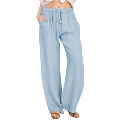 Cotton Linen Wide Leg Pants for Women Casual Summer 2024 Drawstring Beach Pants Loose Flowy Lounge Trousers Womens Baggy Pants Sky Blue XL
