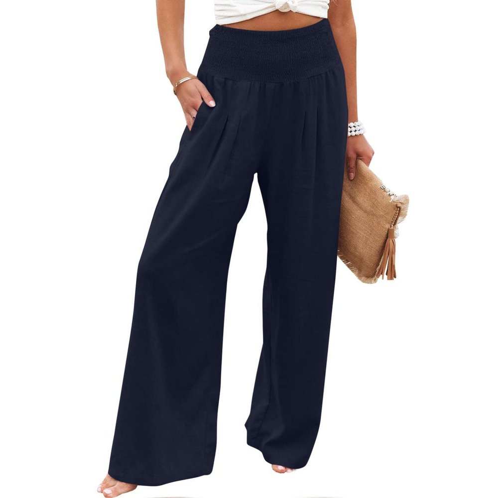 SMIDOW Women's Wide Leg Pants Elastic High Waisted Cotton Linen Long Lounge Pants Business Casual Work Trousers Summer Outfits for Women Navy M