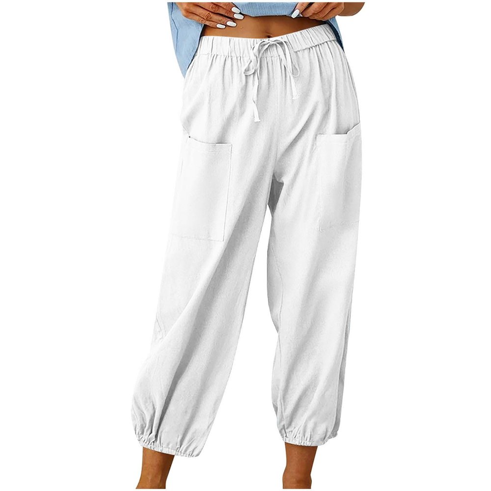High Waist Cotton Linen Pants for Women Casual Summer Drawstring Lounge Pants Loose Cropped Trousers with Pockets Linen Beach Pants Women White M