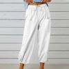 High Waist Cotton Linen Pants for Women Casual Summer Drawstring Lounge Pants Loose Cropped Trousers with Pockets Linen Beach Pants Women White M view 2