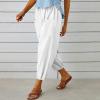 High Waist Cotton Linen Pants for Women Casual Summer Drawstring Lounge Pants Loose Cropped Trousers with Pockets Linen Beach Pants Women White M view 4