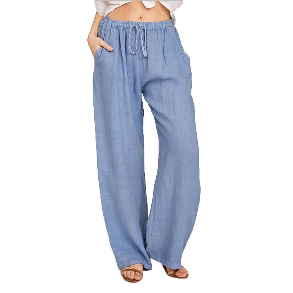 Cotton Linen Wide Leg Pants for Women Casual Summer 2024 Drawstring Beach Pants Loose Flowy Lounge Trousers Elastic Waist Pants for Women Light Blue 2X