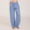 Cotton Linen Wide Leg Pants for Women Casual Summer 2024 Drawstring Beach Pants Loose Flowy Lounge Trousers Elastic Waist Pants for Women Light Blue 2X view 2