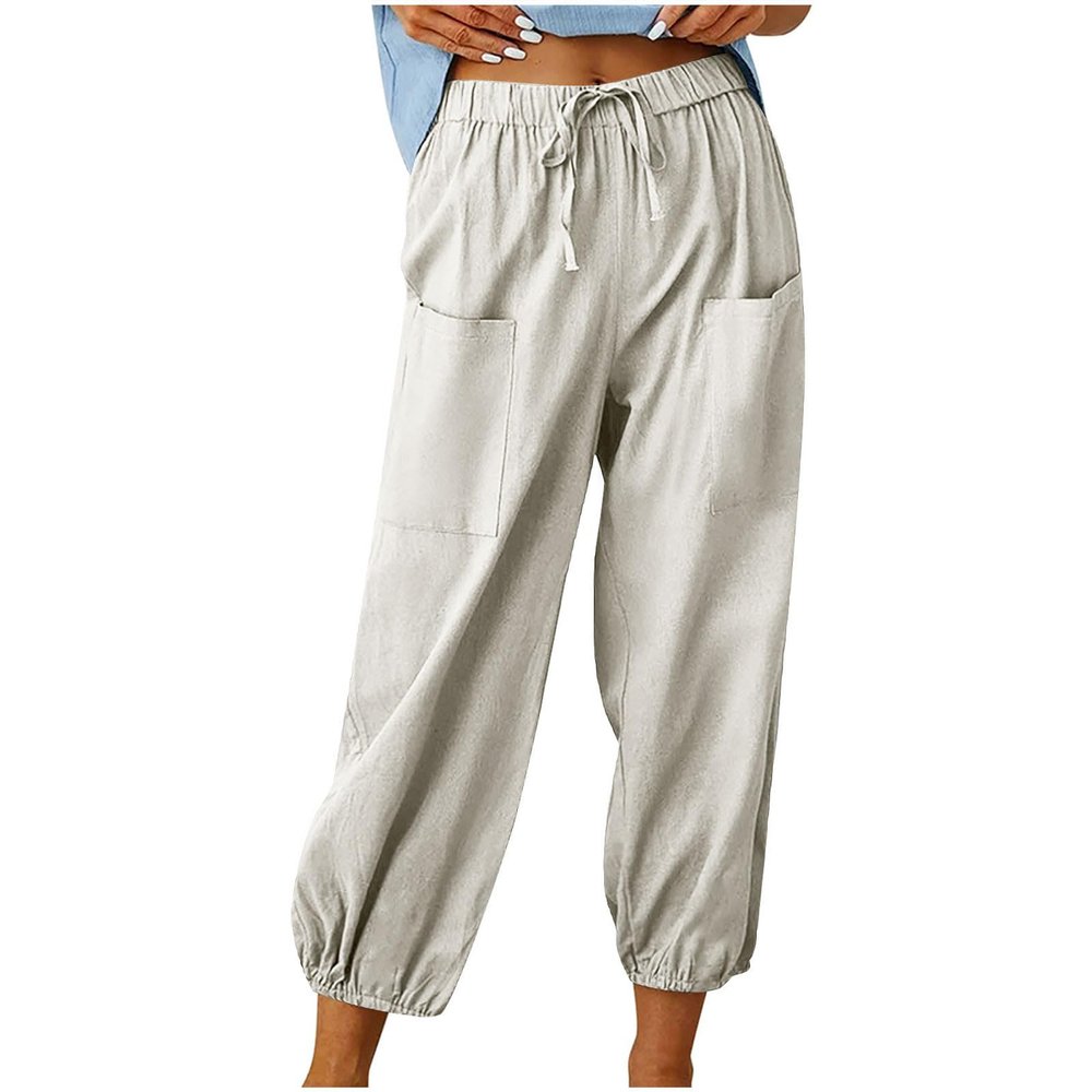 High Waist Cotton Linen Pants for Women Casual Summer Drawstring Lounge Pants Loose Cropped Trousers with Pockets Resort wear for Women Beige 3X