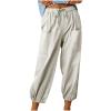 High Waist Cotton Linen Pants for Women Casual Summer Drawstring Lounge Pants Loose Cropped Trousers with Pockets Resort wear for Women Beige 3X view 1