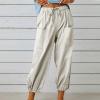 High Waist Cotton Linen Pants for Women Casual Summer Drawstring Lounge Pants Loose Cropped Trousers with Pockets Resort wear for Women Beige 3X view 2