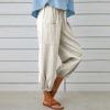 High Waist Cotton Linen Pants for Women Casual Summer Drawstring Lounge Pants Loose Cropped Trousers with Pockets Resort wear for Women Beige 3X view 3