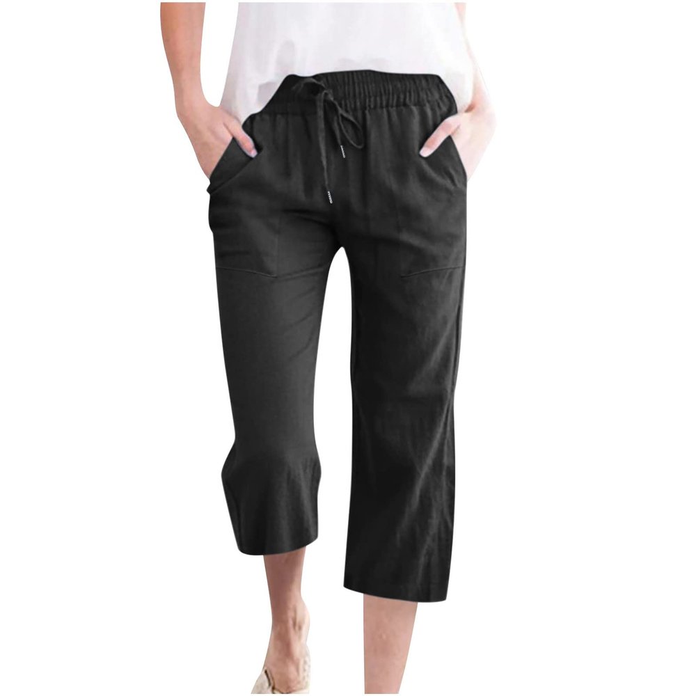 Linen Capri Pants for Women Casual 2024 Summer Drawstring Elastic High Waist Capris Wide Leg Cropped Trousers Drawstring Pants Women Black L