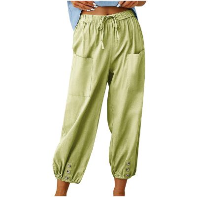 High Waist Cotton Linen Pants for Women Casual Summer Drawstring Lounge Pants Loose Cropped Trousers with Pockets Summer Pants Green 2X
