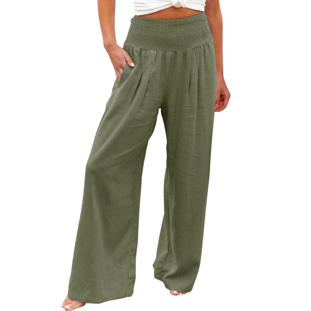 Women's Wide Leg Pants Elastic High Waisted Cotton Linen Long Lounge Pants Business Casual Work Trousers Beach Vacation Outfits for Women Army Green 2X