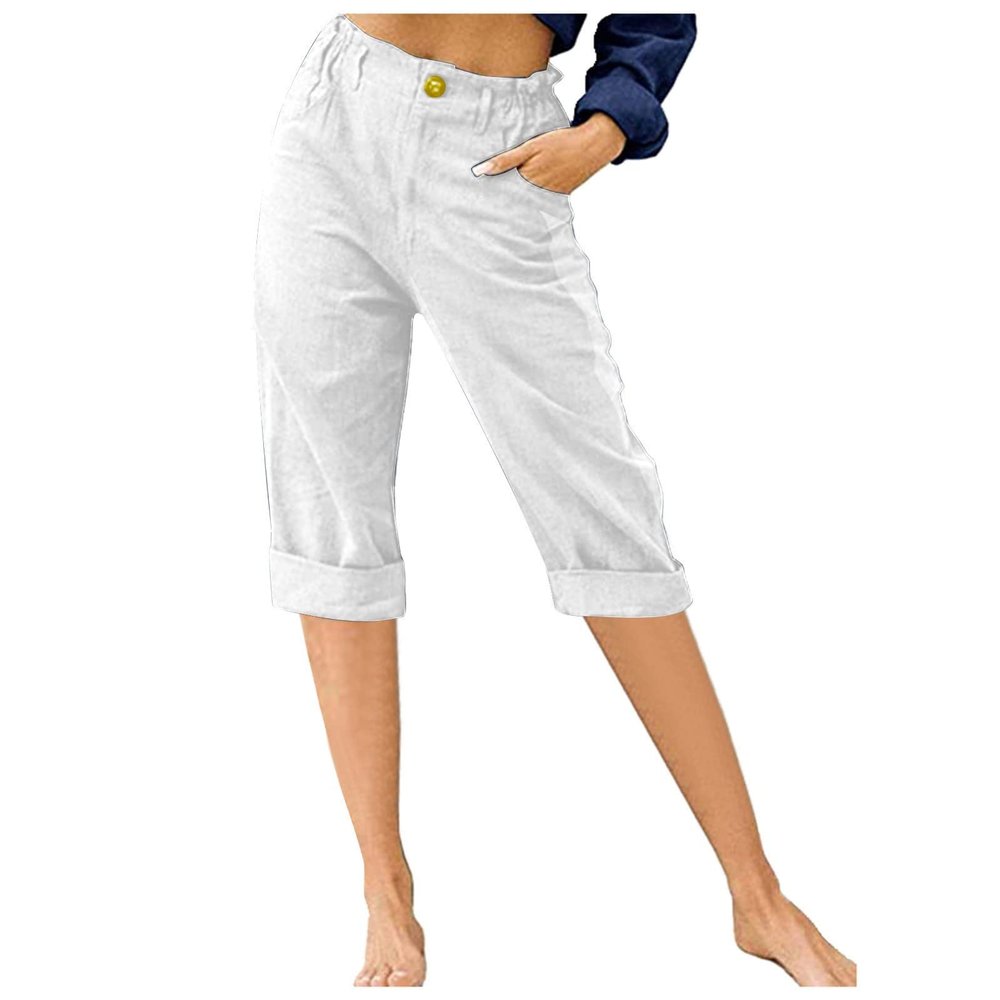 SMIDOW Cotton Linen Capri Pants for Women Casual 2026 Summer Straight Leg Pant Loose Cropped Trousers with Pockets Wide Legged Pants for Women White M