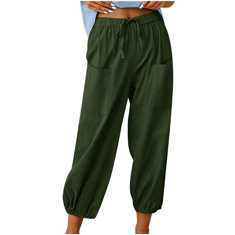 High Waist Cotton Linen Pants for Women Casual Summer Drawstring Lounge Pants Loose Cropped Trousers with Pockets Bohemian Pants Women Army Green 2X