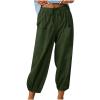 High Waist Cotton Linen Pants for Women Casual Summer Drawstring Lounge Pants Loose Cropped Trousers with Pockets Bohemian Pants Women Army Green 2X view 1