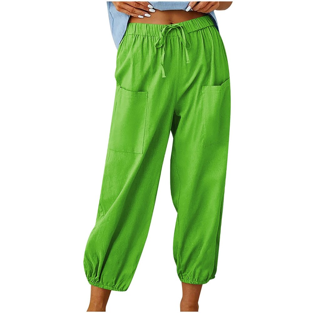 High Waist Cotton Linen Pants for Women Casual Summer Drawstring Lounge Pants Loose Cropped Trousers with Pockets Beach Vacation Outfits for Women Mint Green S