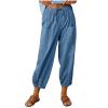 High Waist Cotton Linen Pants for Women Casual Summer Drawstring Lounge Pants Loose Cropped Trousers with Pockets Trousers Pants for Women Petite Blue 2X view 1