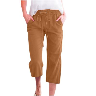 Linen Capri Pants for Women Casual 2026 Summer Drawstring Elastic High Waist Capris Wide Leg Cropped Trousers high Waist Trousers for Women Coffee 5X