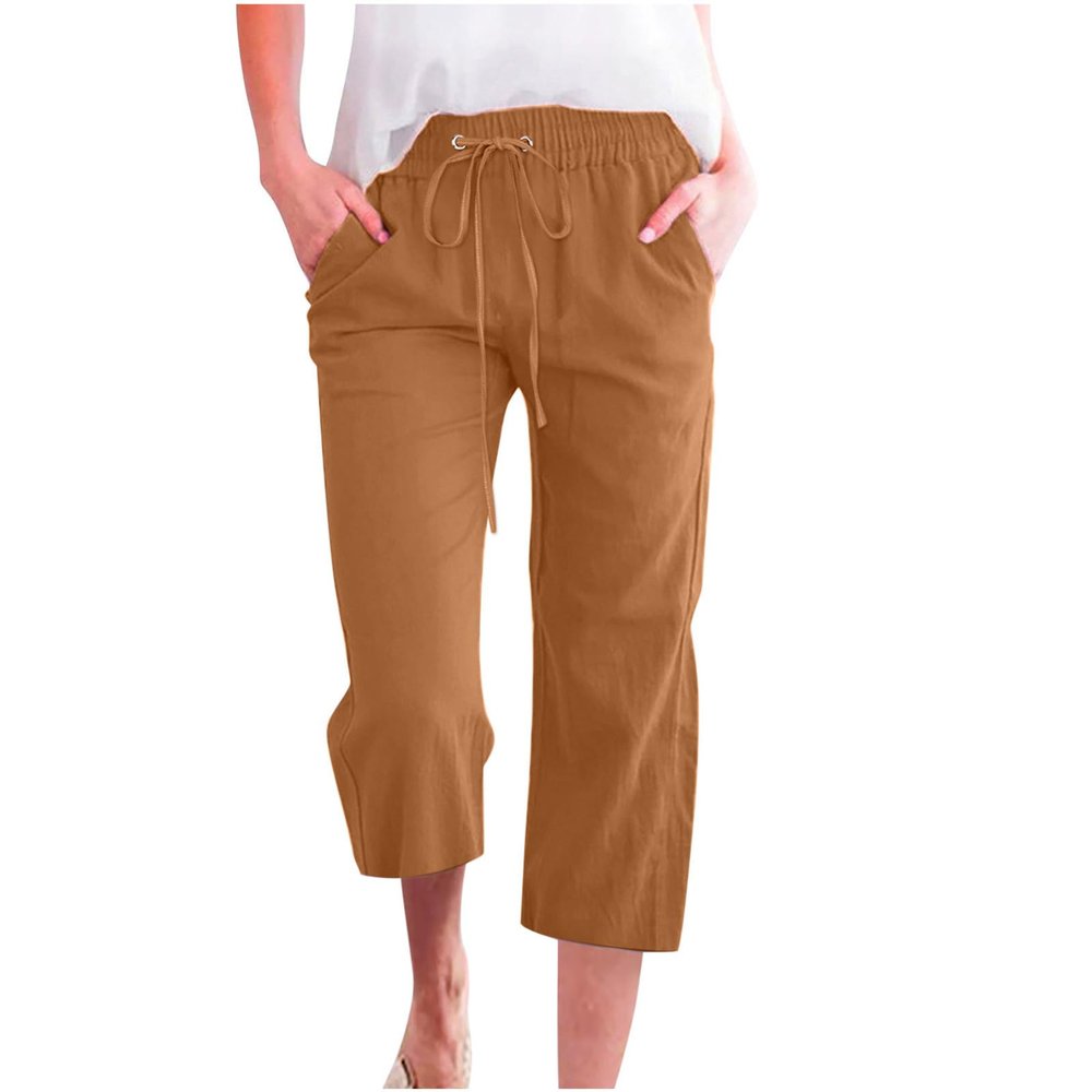 Linen Capri Pants for Women Casual 2026 Summer Drawstring Elastic High Waist Capris Wide Leg Cropped Trousers high Waist Trousers for Women Coffee 5X