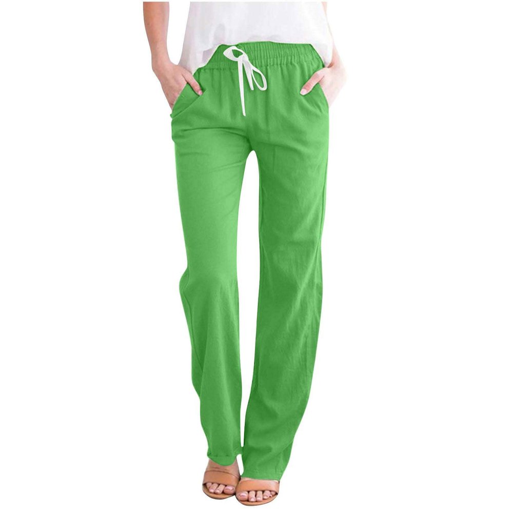 Womens Cotton Linen Pants Casual Drawstring Elastic High Waist Straight Leg Pants Loose Comfy Trousers with Pockets Wide Legged Pants for Women Green 2X