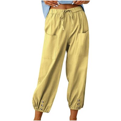 High Waist Cotton Linen Pants for Women Casual Summer Drawstring Lounge Pants Loose Cropped Trousers with Pockets Floral Pants for Women Yellow 3X