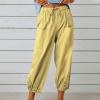 High Waist Cotton Linen Pants for Women Casual Summer Drawstring Lounge Pants Loose Cropped Trousers with Pockets Floral Pants for Women Yellow 3X view 2