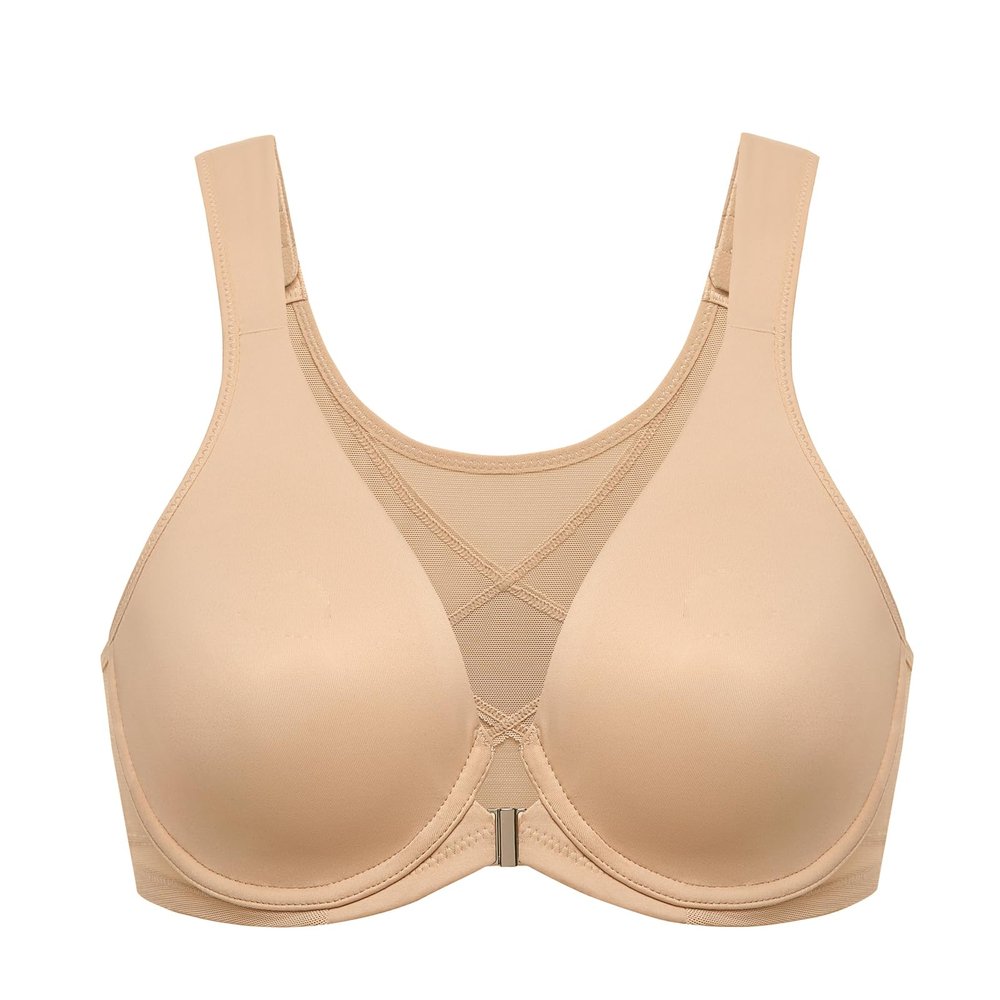 DELIMIRA Women's Front Closure Bras Posture Full Coverage Plus Size Underwire Unlined Back Support Plunge Seamless Bra B-H Cups Warm Beige 36G