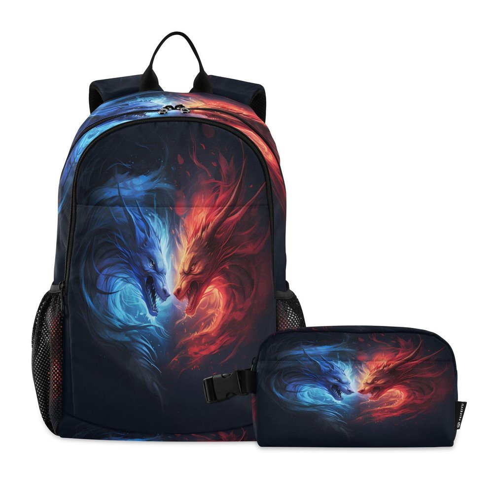 AEZODI Couple Dragon Ice Fire Backpack for Kids Lightweight Travel Schoolbags with Lunch Box Set