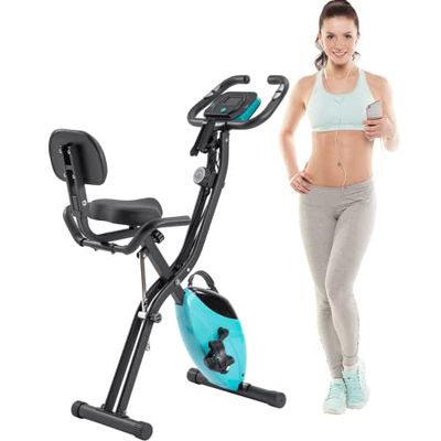Folding Exercise Bike, Foldable Fitness Stationary Bike Machine, Upright Indoor Cycling Bike, Magnetic X-Bike with 10-Level Adjustable Resistance, Arm Bands and Backrest for Home Gym Workout (Green)