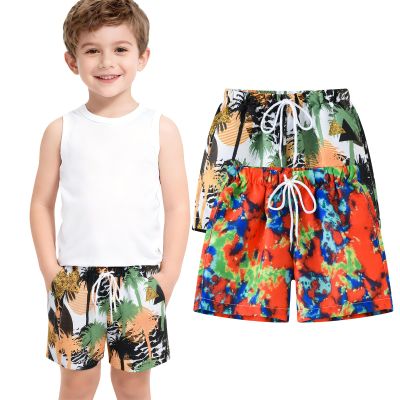Boy's Short Quick-Dry Beach Shorts Outdoors Swim Trunks Kids Boardshort Drawstring Flower Red+Coconut Tree Grey 9-10Y/140