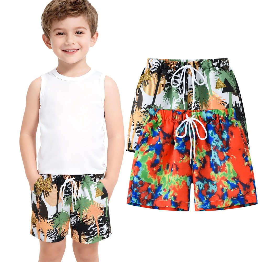 Boy's Short Quick-Dry Beach Shorts Outdoors Swim Trunks Kids Boardshort Drawstring Flower Red+Coconut Tree Grey 9-10Y/140