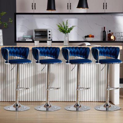 Haplized 360 Velvet Swivel Bar Stools, Adjustable Counter Height Barstools, Low Back & Footrest, Upholstered Bar Chairs for Dining Room Home Bar Kitchen Island (Blue+Sliver, Set of 4)