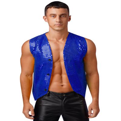 Alvivi Mens Sequin Sleeveless Waistcoat Jazz Dance Sexy Tank Top Irregular Hem Dressy Vest Clubwear Royal Blue C Medium