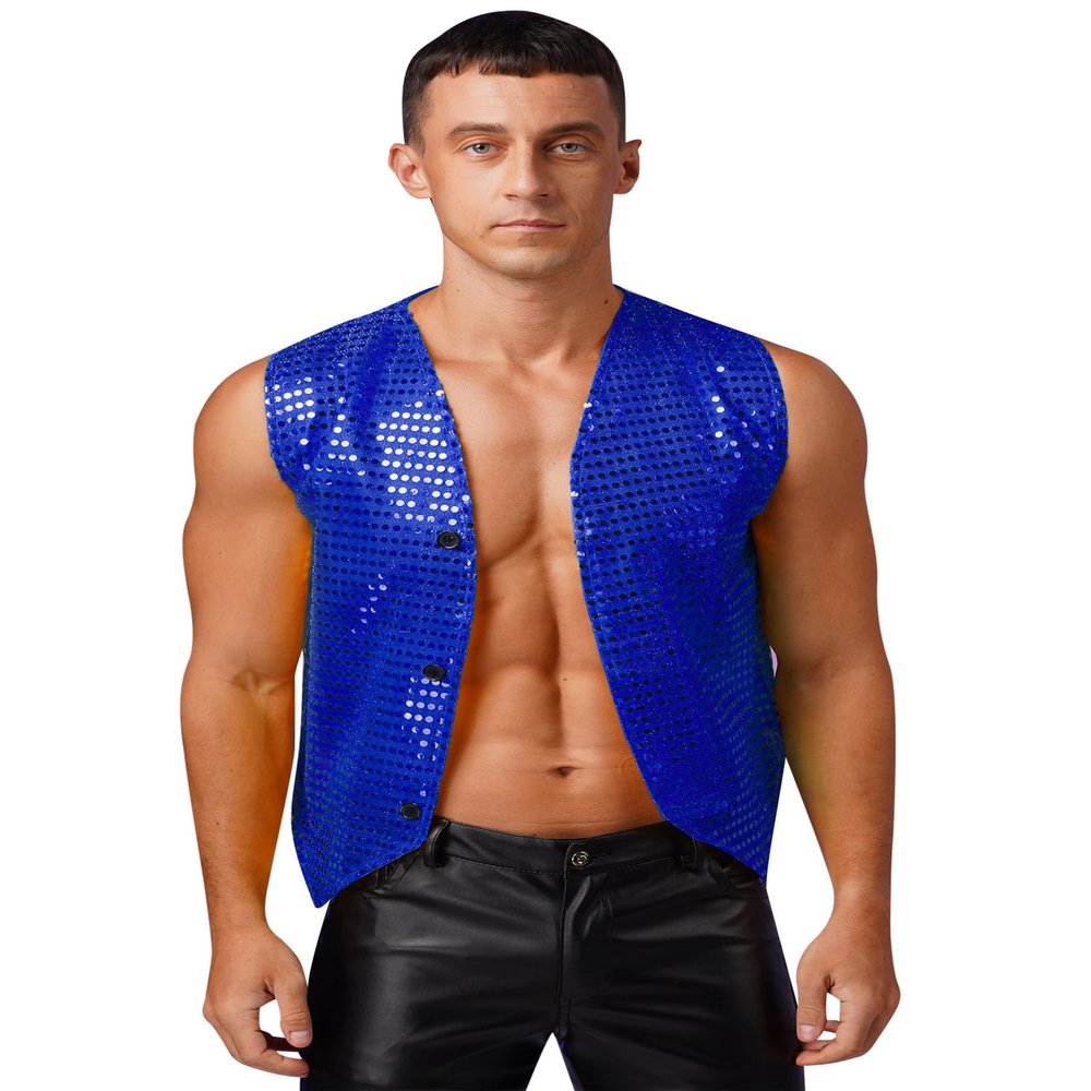 Alvivi Mens Sequin Sleeveless Waistcoat Jazz Dance Sexy Tank Top Irregular Hem Dressy Vest Clubwear Royal Blue C Medium
