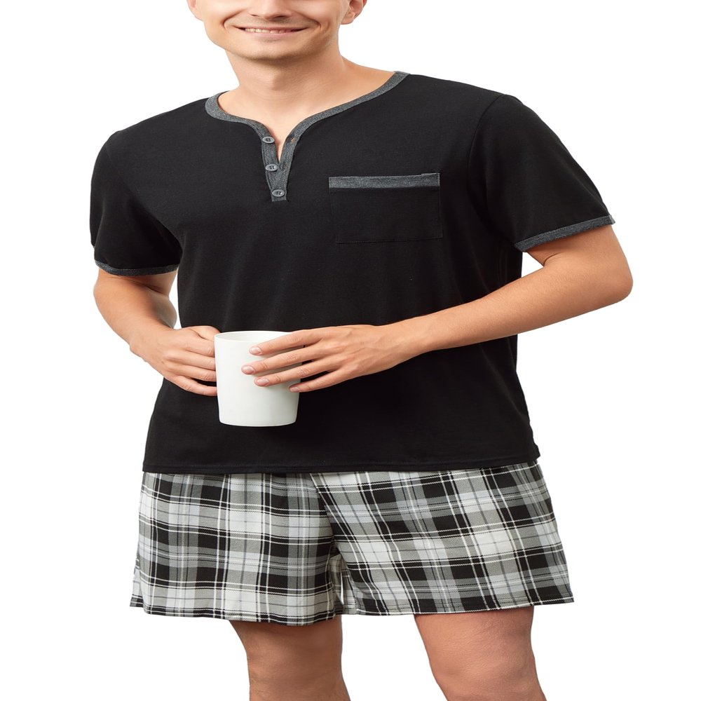 Yukiuiny Mens Cotton Sleep Pajamas Set Soft Short Sleeve Henley Collar Black Solid Tops and Plaid Shorts Bottom Large