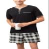Yukiuiny Mens Cotton Sleep Pajamas Set Soft Short Sleeve Henley Collar Black Solid Tops and Plaid Shorts Bottom Large view 1